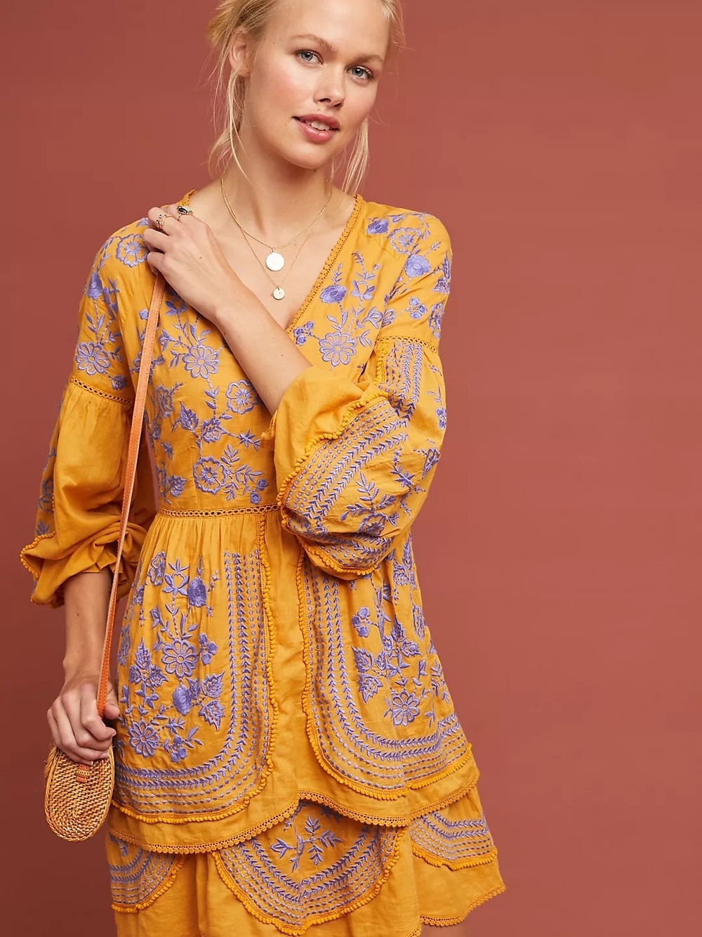 Antropologie MEADOW RUE Embroidered Mustard Tiered Mini Dress